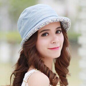 NEW! Women's Foldable Floral Bucket Hat Rolled Brim with Bowknot-Blue